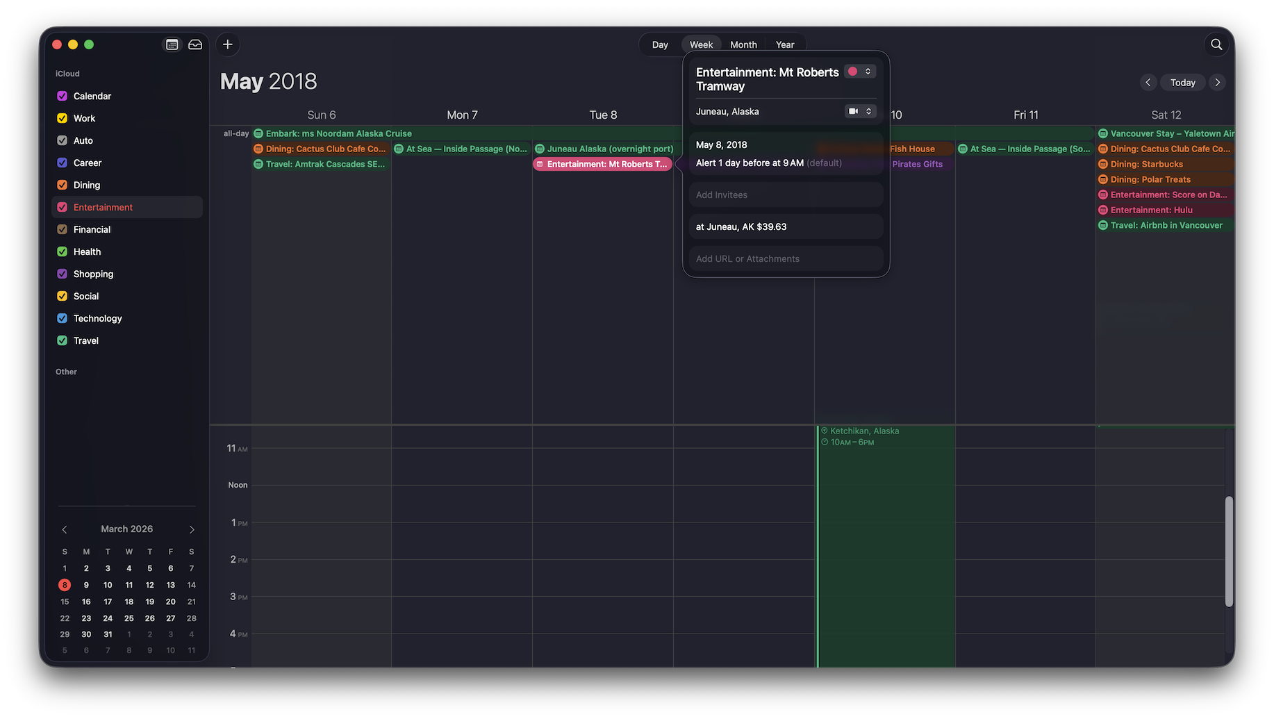 May 2018 Alaska cruise week in Apple Calendar showing color-coded events across multiple calendars