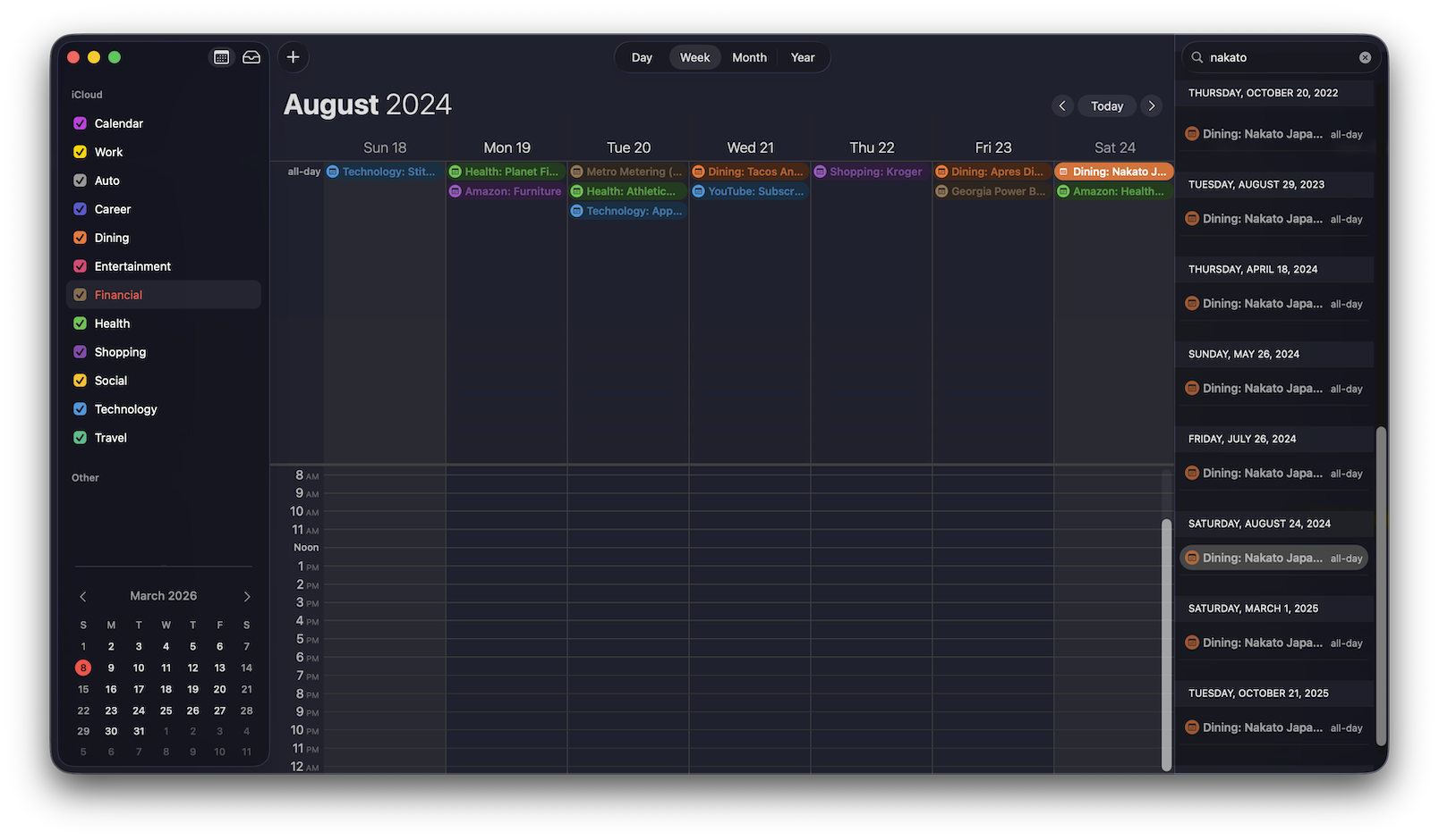 Calendar search results showing multiple Nakato restaurant visits across years with color-coded calendars